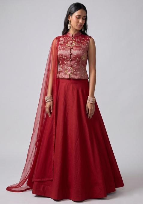 Maroon Embroidered Crepe Lehenga Set