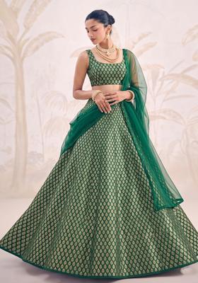 Bottle Green Jacquard Brocade Lehenga Set