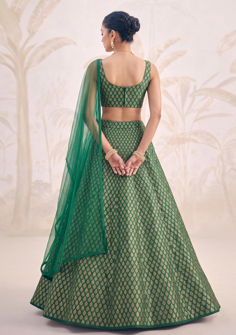 Bottle Green Jacquard Brocade Lehenga Set - Indya
