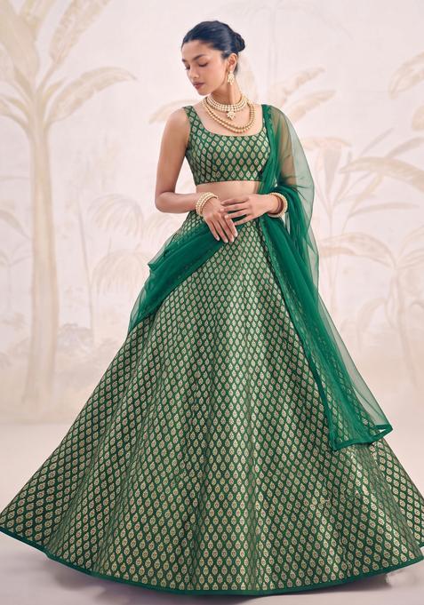 Bottle Green Jacquard Brocade Lehenga Set