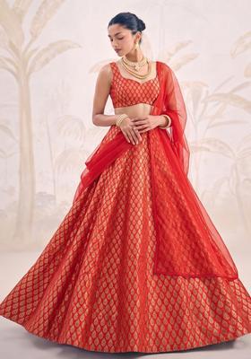Red Jacquard Brocade Lehenga Set