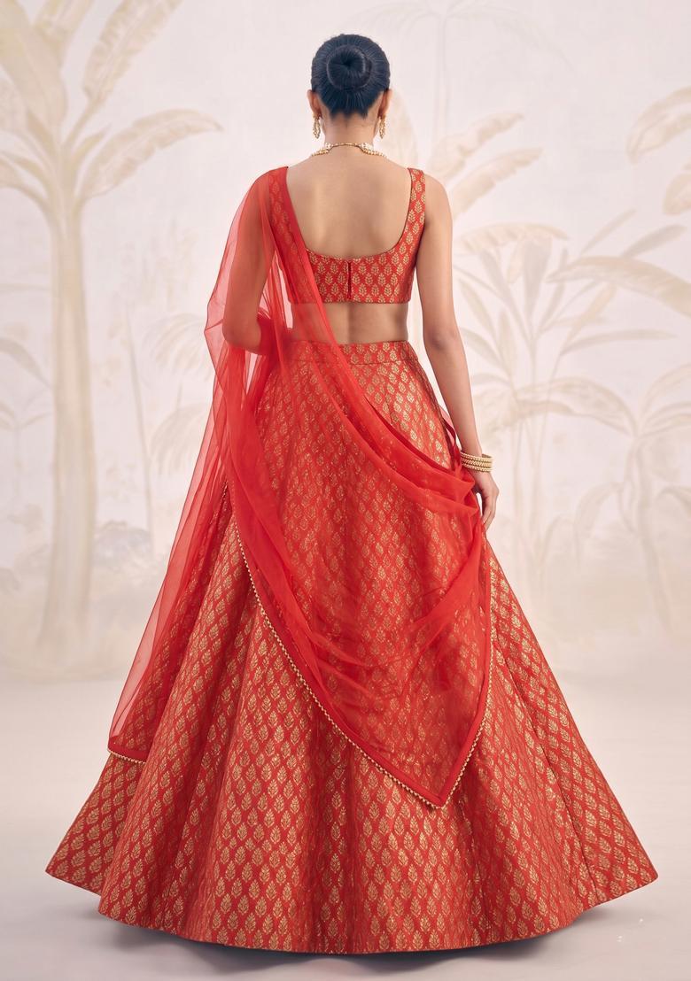 Red Jacquard Brocade Lehenga Set - Indya