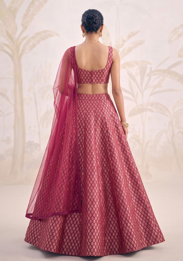 Maroon Jacquard Brocade Lehenga Set - Indya