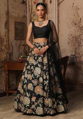 Black Printed Crepe Lehenga Set