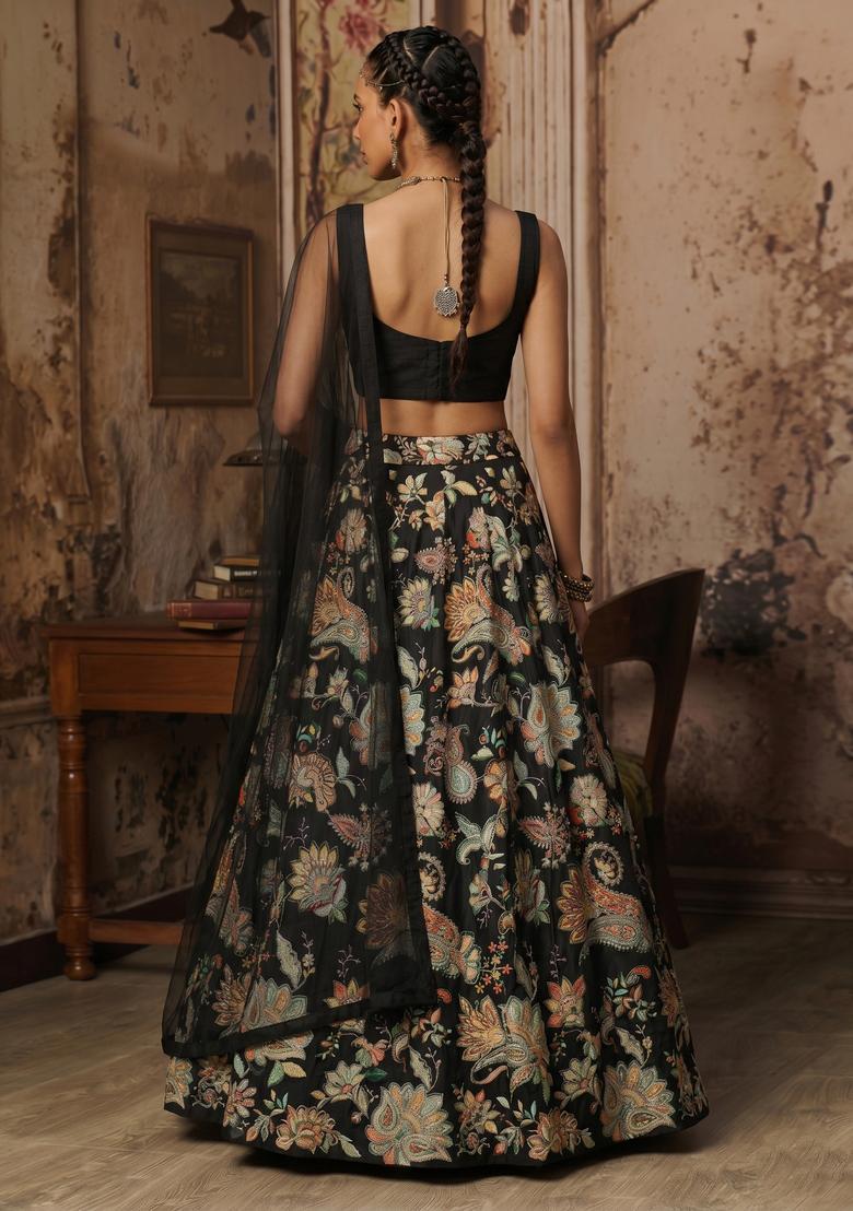 Black Printed Crepe Lehenga Set - Indya
