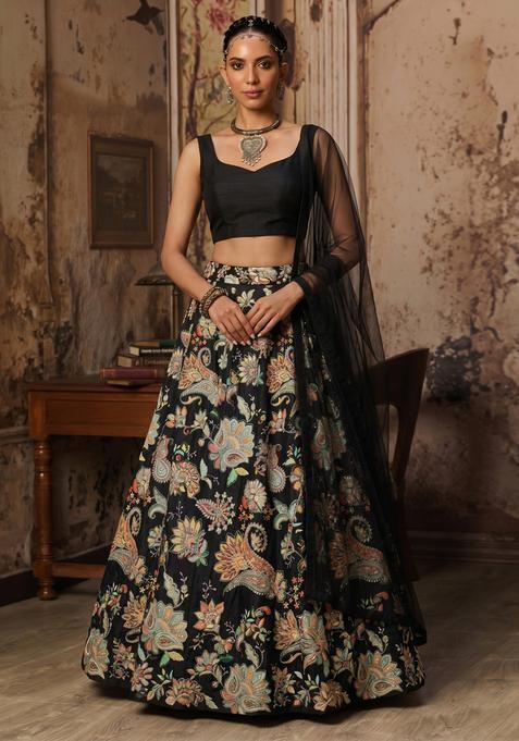 Black Printed Crepe Lehenga Set