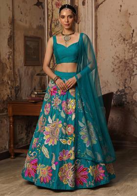Blue Printed Crepe Lehenga Set
