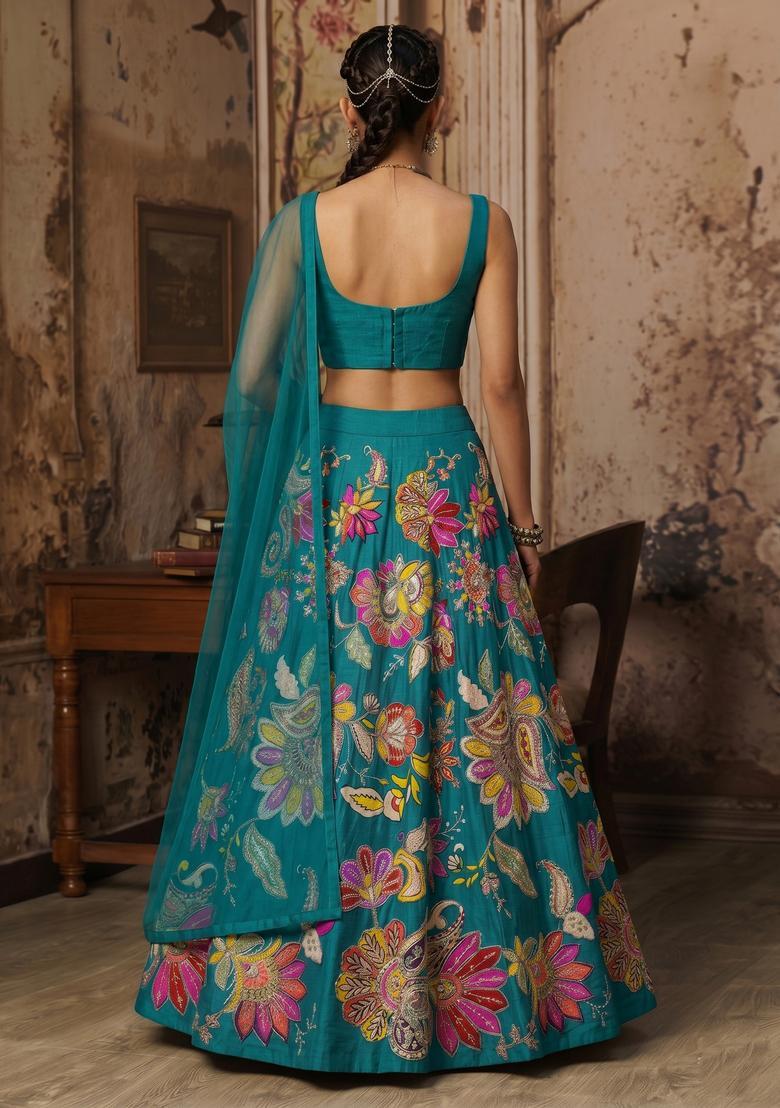 Blue Printed Crepe Lehenga Set - Indya
