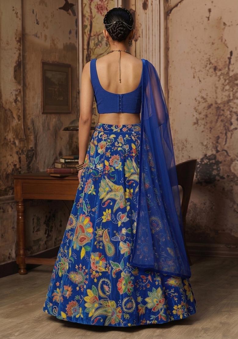 Royal Blue Printed Crepe Lehenga Set - Indya