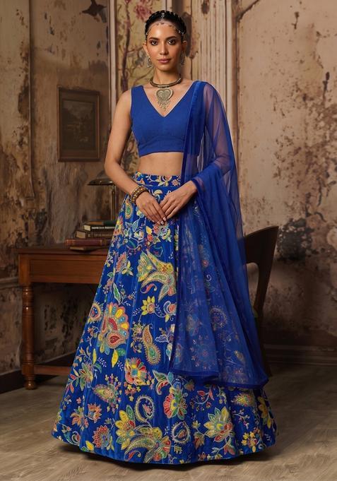 Royal Blue Printed Crepe Lehenga Set