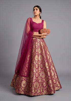 Wine Jacquard Brocade Lehenga Set