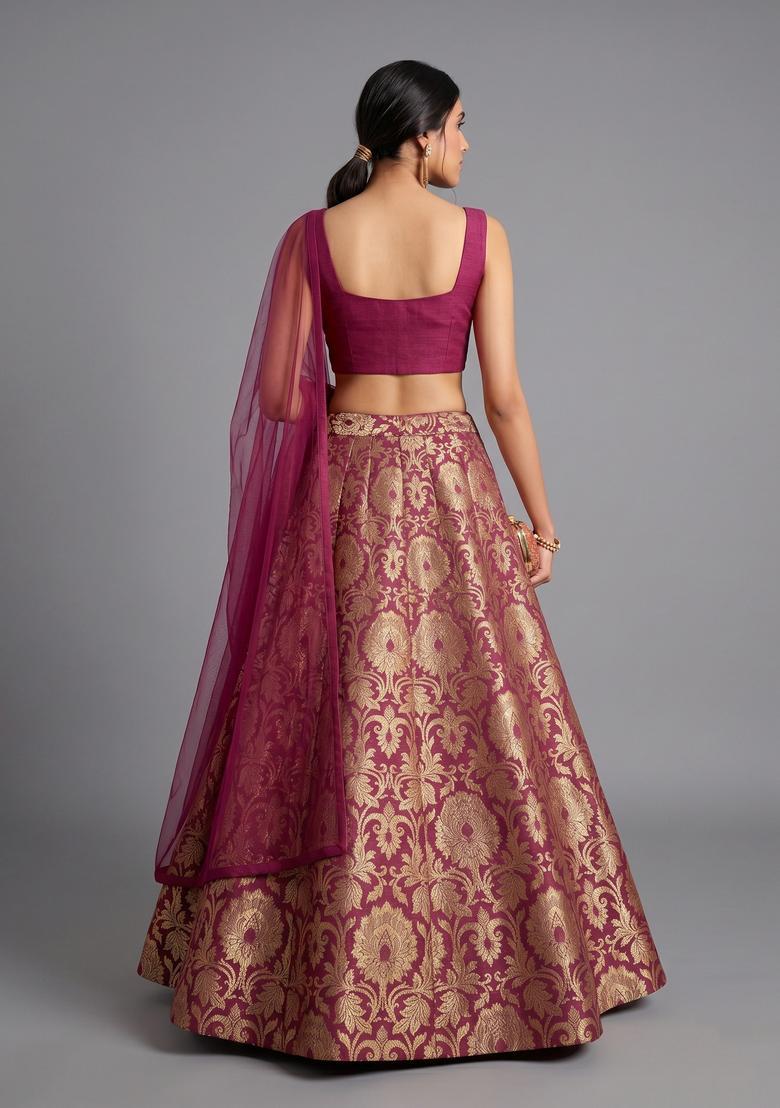 Wine Jacquard Brocade Lehenga Set - Indya