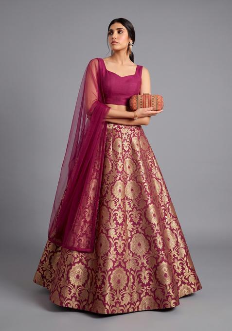 Wine Jacquard Brocade Lehenga Set