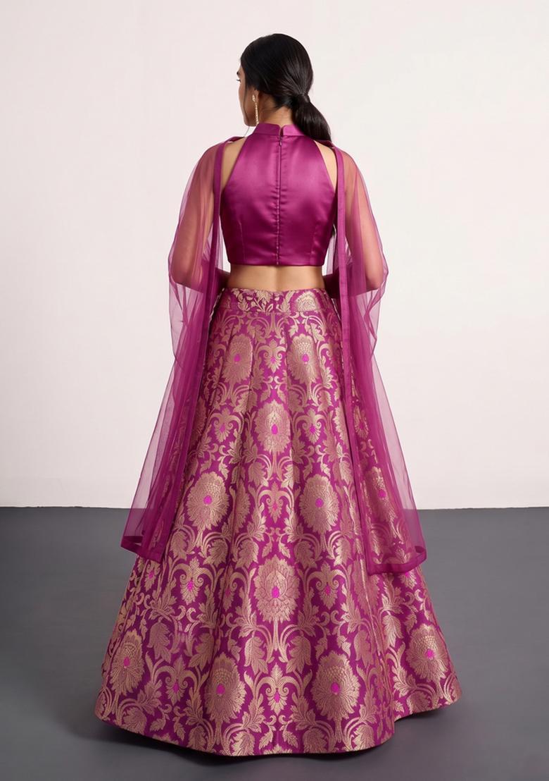 Magenta Jacquard Brocade Lehenga Set - Indya