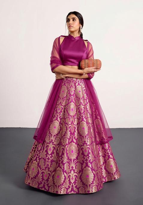 Magenta Jacquard Brocade Lehenga Set