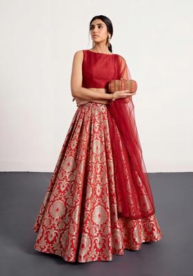 Red Jacquard Brocade Lehenga Set