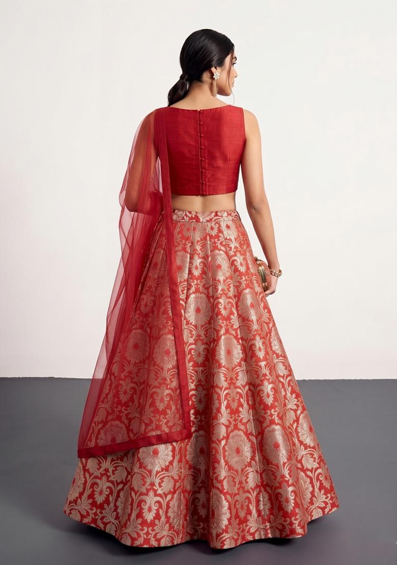 Red Jacquard Brocade Lehenga Set - Indya