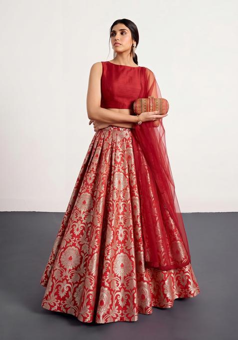 Red Jacquard Brocade Lehenga Set