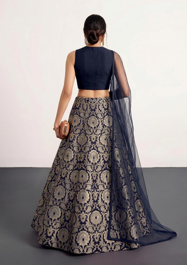 Navy Blue Jacquard Brocade Lehenga Set - Indya