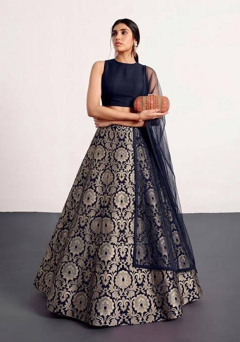 Navy Blue Jacquard Brocade Lehenga Set