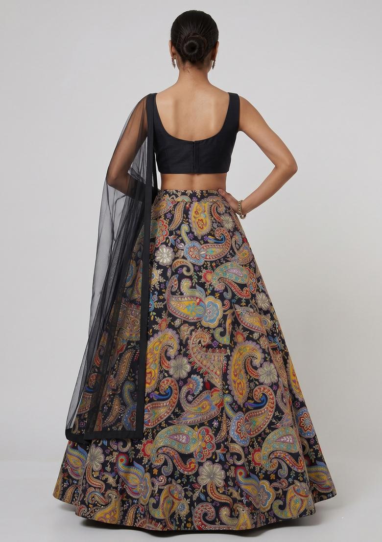 Black Printed Crepe Lehenga Set - Indya