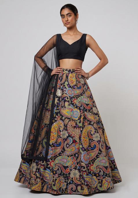 Black Printed Crepe Lehenga Set