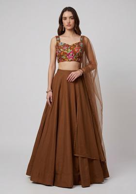 Brown Printed Crepe Lehenga Set