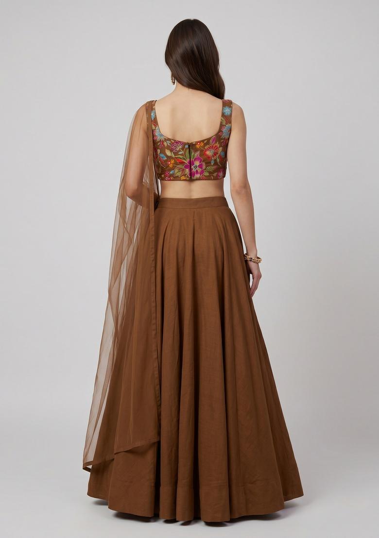 Brown Printed Crepe Lehenga Set - Indya