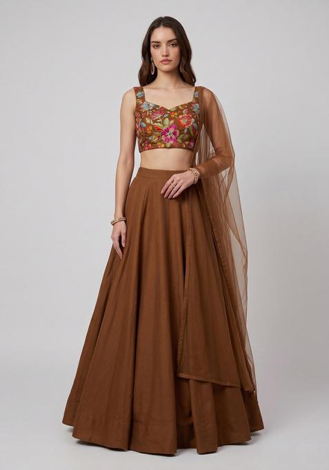 Brown Printed Crepe Lehenga Set