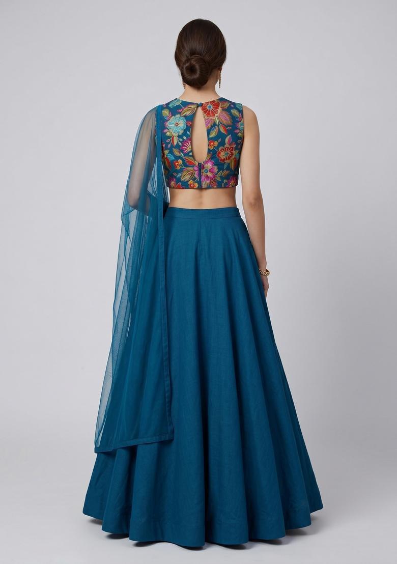 Teal Blue Printed Crepe Lehenga Set - Indya