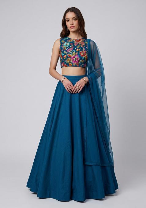 Teal Printed Crepe Lehenga Set