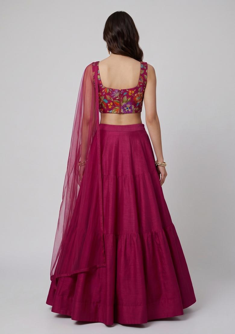 Rani Pink Printed Crepe Lehenga Set - Indya