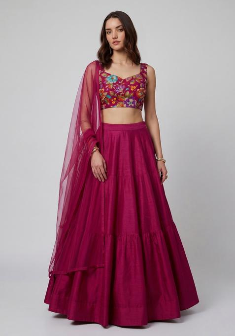 Rani Pink Printed Crepe Lehenga Set
