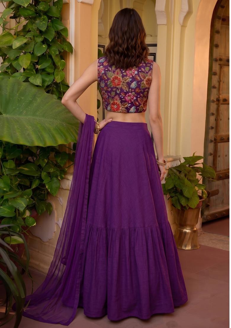 Purple Printed Crepe Lehenga Set - Indya