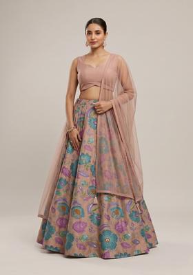Beige Printed Organza Lehenga Set