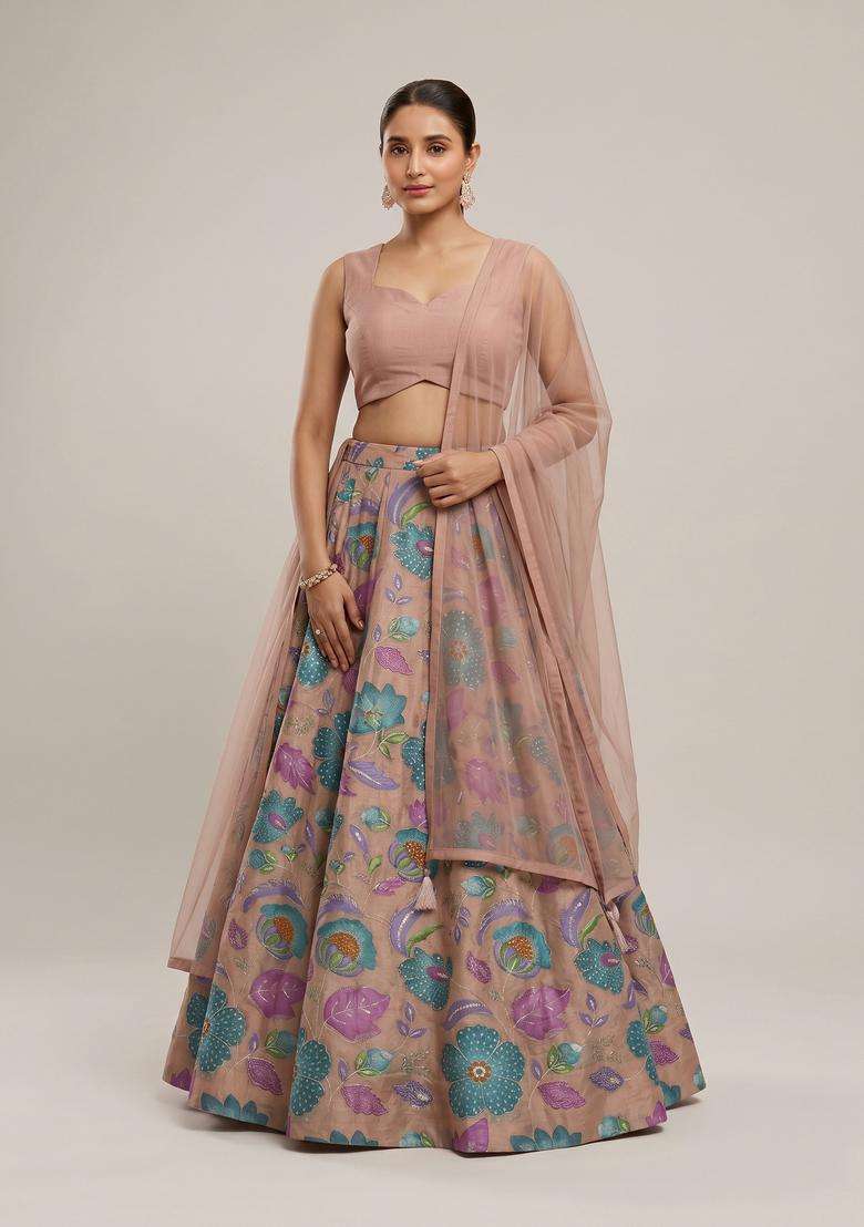 Beige Printed Organza Lehenga Set - Indya