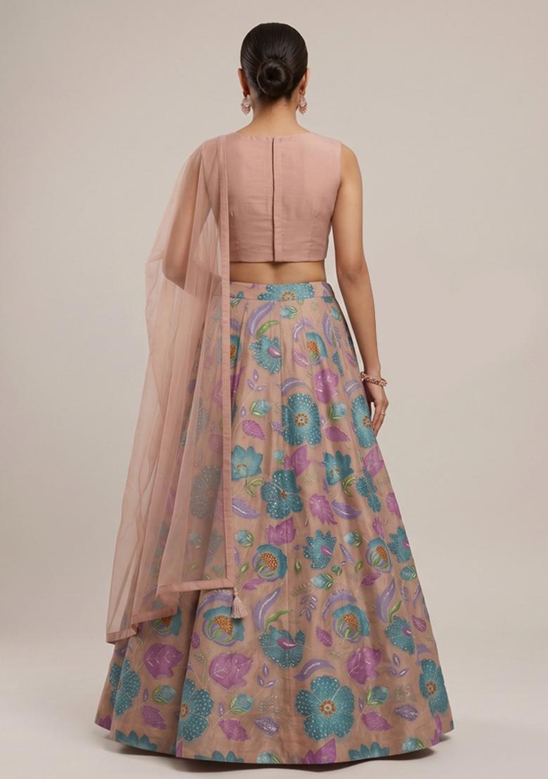 Beige Printed Organza Lehenga Set - Indya