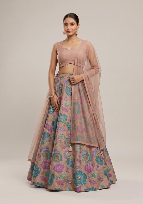 Beige Printed Organza Lehenga Set