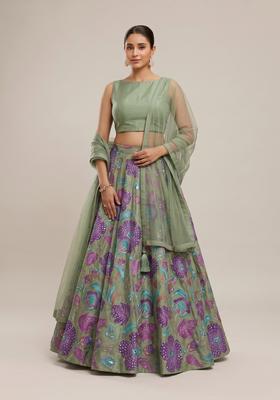 Olive Green Printed Organza Lehenga Set