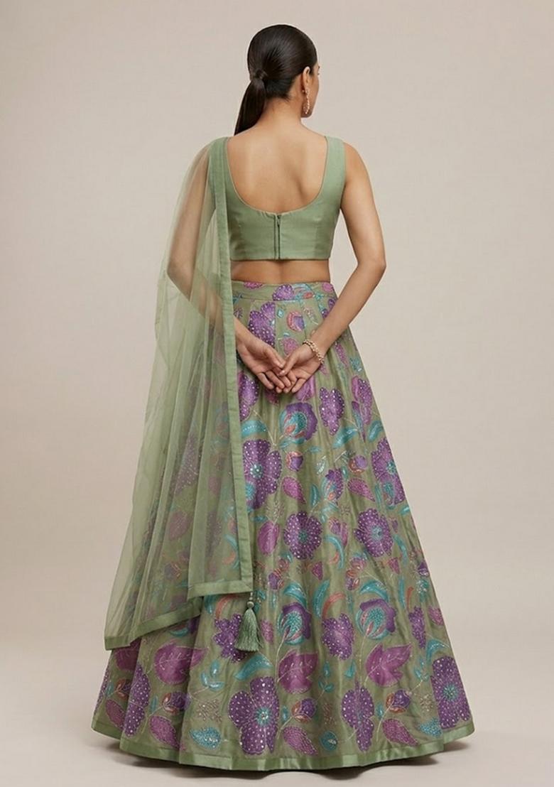 Olive Green Printed Organza Lehenga Set - Indya