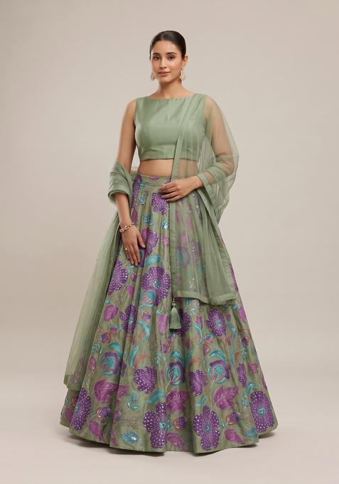 Olive Green Printed Organza Lehenga Set