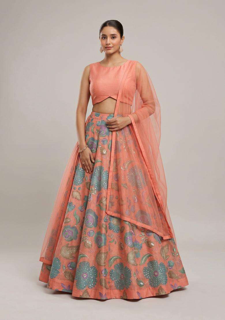 Peach Printed Organza Lehenga Set - Indya