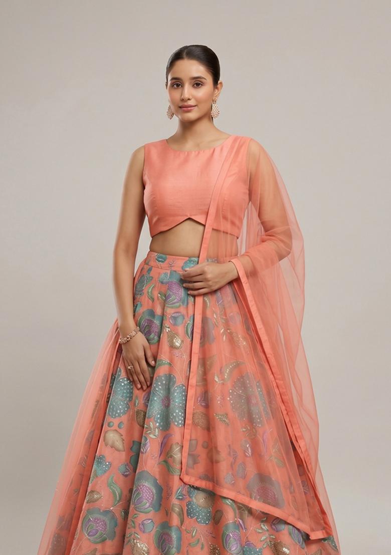 Peach Printed Organza Lehenga Set - Indya