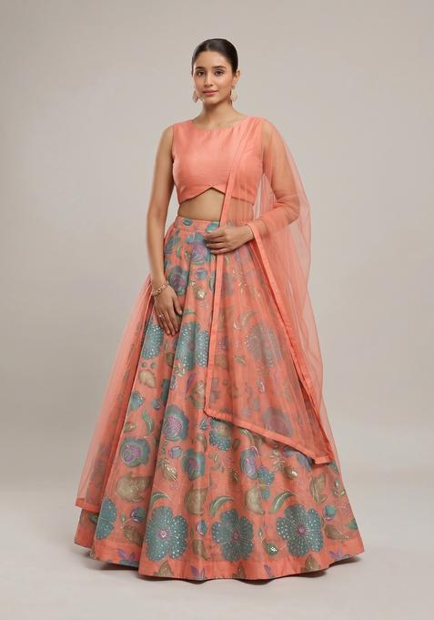 Peach Printed Organza Lehenga Set
