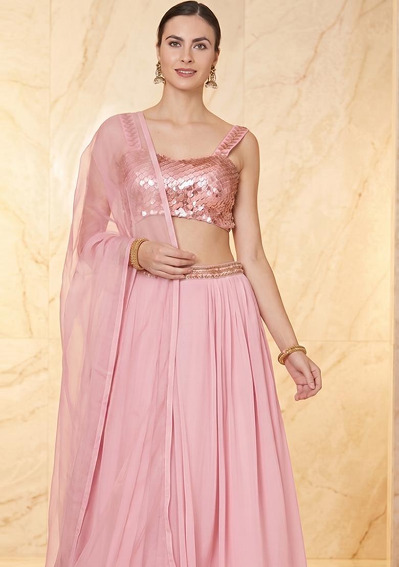 Pink Embroidered Handwork Lehenga Set - Indya