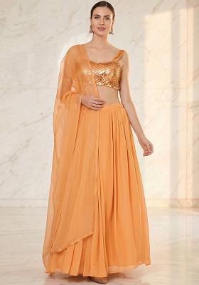 Orange Embroidered Handwork Lehenga Set