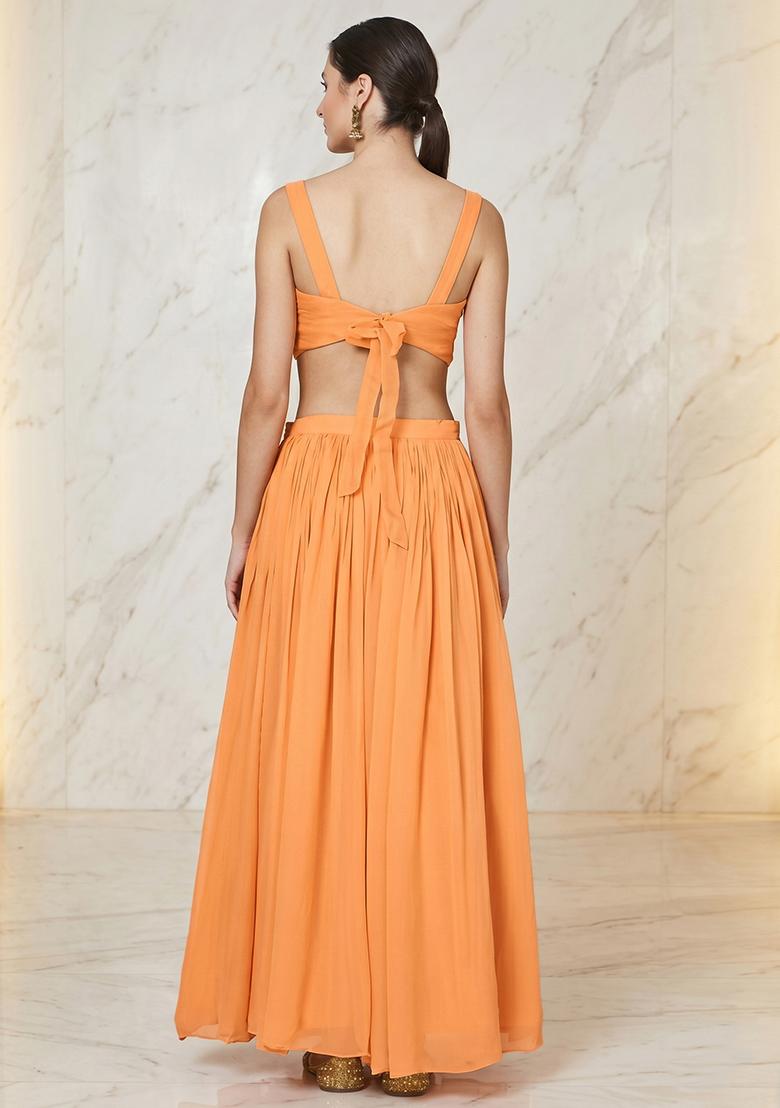 Orange Embroidered Handwork Lehenga Set - Indya
