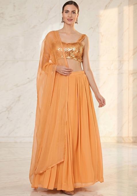 Orange Embroidered Handwork Lehenga Set