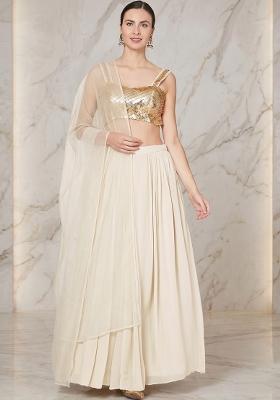 Cream Embroidered Handwork Lehenga Set