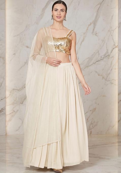 Cream Embroidered Handwork Lehenga Set